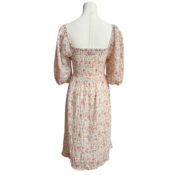 Rails Geena Ambrosia Smocked Puff Sleeve Mini Dress Size Small Cream/Pink Color - Picture 6 of 11